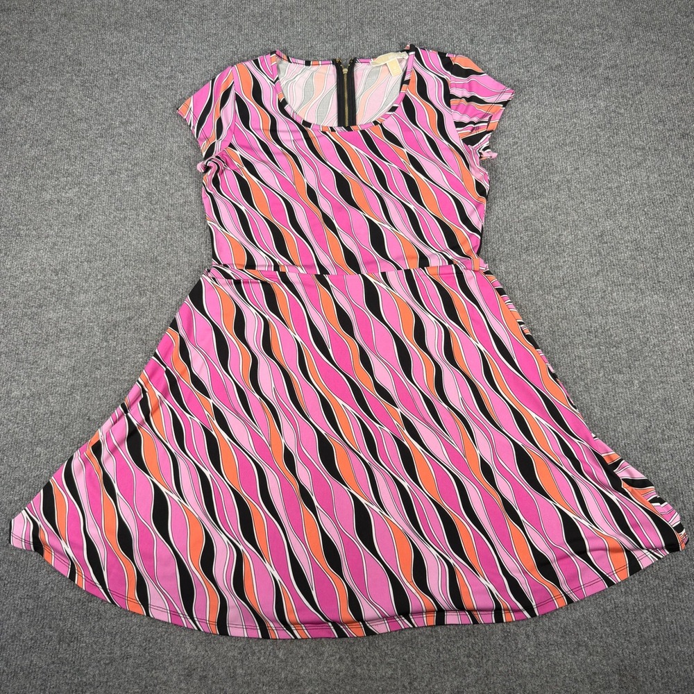 Michael Kors Pink Orange Wavy Print Fit Flare Dress Size M Short Sleeve #4292